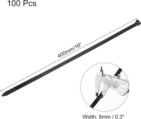 MECCANIXITY Cable Zip Ties 5/16 Inch, 100 Pcs 16 Inch Metal Tooth Self-locking Wire Ties for Cord Management Indoor Outdoor, Tensile Strength 100 lbs, Black in Kuwait