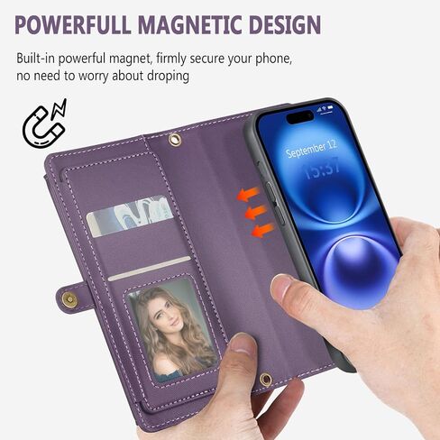 حافظة محفظة لهاتف iPhone 16 مع حامل بطاقة / محفظة / حزام حول الجسم، [حجب RFID] [مغناطيسي] غطاء واقٍ من جلد البولي يوريثان مقاوم للصدمات لهاتف iPhone 16، مقاس 6.1 بوصة، أرجواني in Kuwait