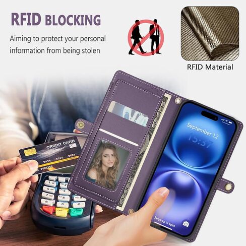 حافظة محفظة لهاتف iPhone 16 مع حامل بطاقة / محفظة / حزام حول الجسم، [حجب RFID] [مغناطيسي] غطاء واقٍ من جلد البولي يوريثان مقاوم للصدمات لهاتف iPhone 16، مقاس 6.1 بوصة، أرجواني in Kuwait