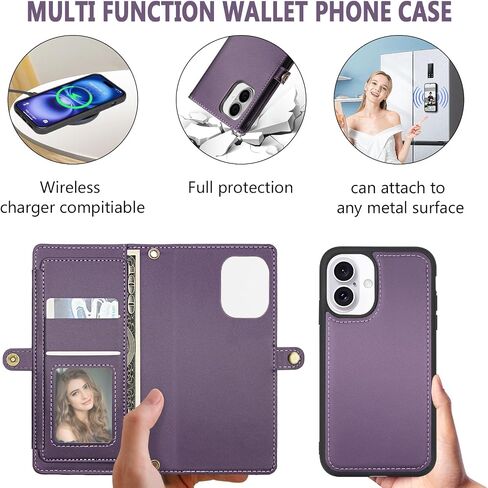 حافظة محفظة لهاتف iPhone 16 مع حامل بطاقة / محفظة / حزام حول الجسم، [حجب RFID] [مغناطيسي] غطاء واقٍ من جلد البولي يوريثان مقاوم للصدمات لهاتف iPhone 16، مقاس 6.1 بوصة، أرجواني in Kuwait