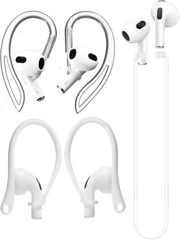 JNSA [Never Lose Your AirPod 3] Anti Slip Set, Multi-Dimensional Adjustable Ear Hook Compatible with AirPods 3 + Air Pods 3 Regular Ear Hooks + Strap Compatible with AirPods3 [3in1] (Clear-White3) in Kuwait