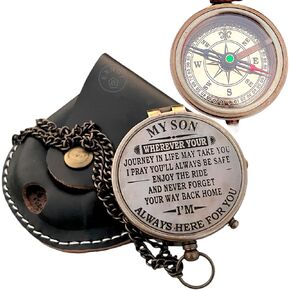 Vintage Brass Compass with Leather Case Engraved Compass - My Son, Love Mom Dad- Inspirational Compass Gift, Perfect for Birthdays, Graduations, Compass.