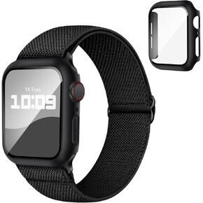 3-IN-1 Compatible for Apple Watch Band 40mm 41mm 44mm 45mm with Case & Screen Protector, Stretchy Nylon Loop Sport Strap and Cover with Tempered Glass for iWatch Series SE SE2 9 8 7 6 5 4 Men Women