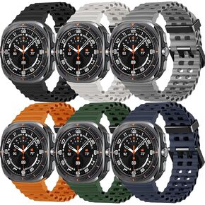 6 Pack Marine Soft Silicone Sport Bands Compatible with Samsung Galaxy Watch 7 Ultra 47mm for Men/Women with Black/Titanium Gray/Silver Buckle