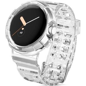 Jiunai for Google Pixel Watch 2 Case with Band Women Men Protective Tough Transparent Replacement Adjustable Wristband Clear Shockproof Bumper Strap Band for Google Pixel Watch 1/2 2022 2023
