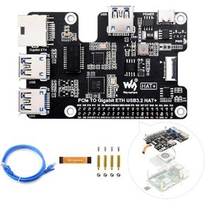waveshare PCIe to Gigabit Ethernet and USB 3.2 Gen1 HAT, Compatible with Raspberry Pi 5, 3X USB 3.2 Gen1, 1x Gigabit Ethernet, No Driver Required, Plug and Play