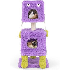 Tangkula Monster-Themed Cat Tree, 3-Level Cat Tower Activity Center with 2 Private Cat Condo, Sisal Scratching Posts & Hanging Toys, Long Plush Cute Cat Tree Tower for Indoor Cats (44 Inch)