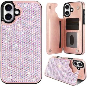for iPhone 16 Pro Max Bling Wallet Case with Card Holders,PU Leather Kickstand Card Slots Flip Phone Case,Glitter Sparkle Luxury Drop Protective Shockproof Rugged Cover for Women Girl