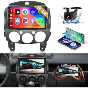 2+64GB 9 Inch HD Touchscreen for Mazda 2 2007-2014 Car Radio Stereo with CarPlay Android Auto Android 13 FM/RDS Mirror Link GPS Navigation Bluetooth WiFi USB MIC SWC Canbus RCA+AHD Back up Camera