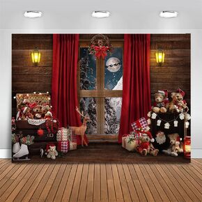Mocsicka Christmas Window Backdrop Santa Gifts Bear Christmas Window Decorations for Baby Family Kids Indoor Xmas Tree New Year Holiday Photography Background (7x5ft (82x60 inch))