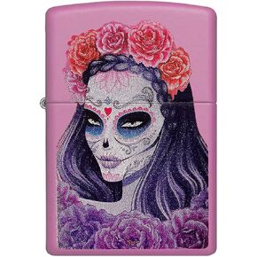 Zippo Custom Lighter - Flowered Sugar Skull Woman - Regular Neon Pink - Gifts for Him, for Her, for Husband, for Wife, for Them, for Men, for Women