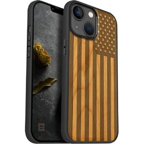 Carveit Magnetic Wood Case for iPhone 14 Case [Natural Wood & Black Soft TPU] Shockproof Protective Cover Unique & Classy Wooden Case Compatible with magsafe (American Flag -Blackwood)