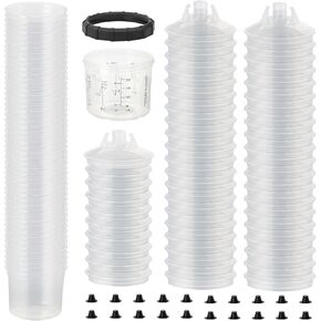 Disposable Paint Sprayer Mixing Cup Kit with 125 Mic 27 Ounce (800ml) Kit 45 Cup Liners,45 Lids, 1 Hard Cup,1 Retainer Ring and 10 Plugs
