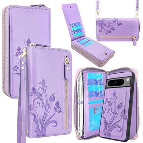 Lacass Case Wallet for Google Pixel 8 Pro 5G 2023, Crossbody Dual Zipper Detachable Magnetic Leather Wallet Cover Wrist Strap with 13 Card Slots(Floral Dark Purple)