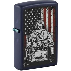 Zippo Lighter: Soldier and American Flag - Navy Blue Matte 81297