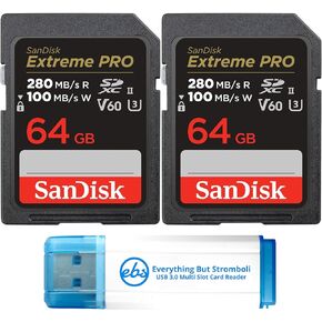 SanDisk 64GB 2 Pack Extreme Pro UHS-II SDXC Memory Card (SDSDXEP-064G-GN4IN) Bundle with 1 Everything But Stromboli SD Card Reader