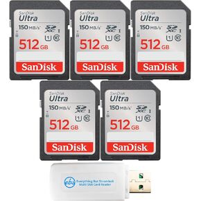 SanDisk SD Card Pack of 5 SDXC UHS-I 512GB Class 10 Memory Cards for Full HD Photo and Videos SDSDUNC-512G-GN6IN - Bundle with (1) Everything But Stromboli MicroSDXC & SD Card Reader