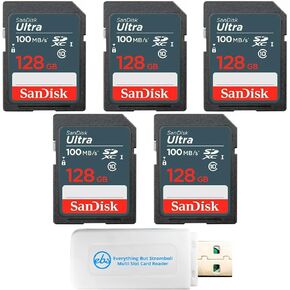 SanDisk 100MB/s SD Ultra 5-Pack Class 10 SDXC 128GB Memory Card SDSDUNR-128G-GN3IN - Bundle with 1 Everything But Stromboli Multi-Slot Memory Card Reader