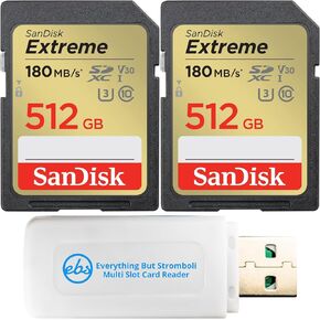 SanDisk 2 Pack of 512GB Extreme SDXC UHS-I Memory Cards V30 Class 10 U3 4K UHD SD Cards (SDSDXVV-512G-GNCIN) Bundle with 1 Everything But Stromboli SD Card Reader