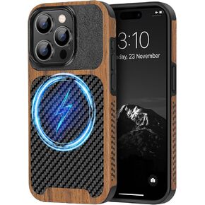 TENDLIN Compatible with iPhone 15 Pro Max Case Wood Grain with Carbon Fiber Texture Design Leather Hybrid Slim Case (Black)