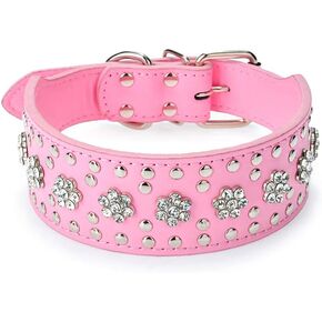 Rhinestones Dog Collars Flower Pattern Rhinestone Studded Leather Sparkly Crystal Diamonds Dazzling Sparkling Elegant Fancy PU Leather Dog Collar for Medium & Large Dogs(Purple,M 17-20inch)