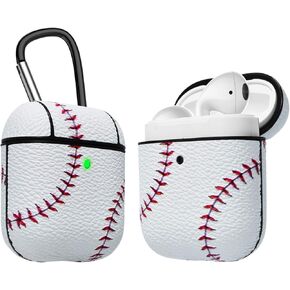 AirPods Case, Takfox Airpod Case Accessories Cover Protective Shockproof Scratch Resistance Leather Headphone Case with Carabiner/Keychain Skin for Apple Airpods 2 & AirPods 1 Charging Case-Baseball