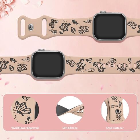 Cute Silicone Band for Apple Watch Bands Women 44mm 41mm 40mm 42mm 45mm 38mm 49mm Two-Tone Butterflies Floral Engraved iWatch Bands Women for Apple Watch SE Series 9 8 7 6 5 4 3 in Kuwait