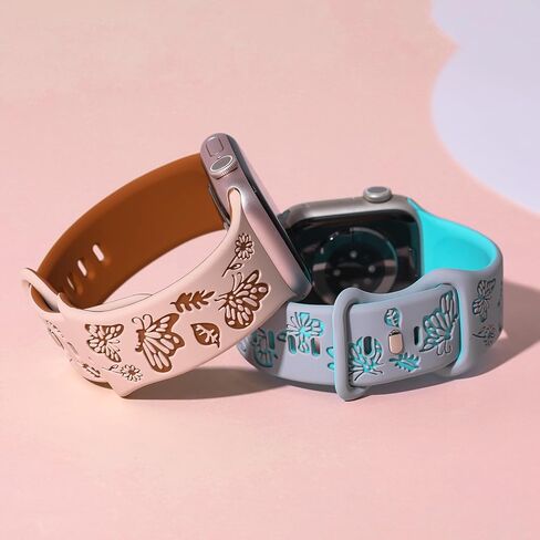 Cute Silicone Band for Apple Watch Bands Women 44mm 41mm 40mm 42mm 45mm 38mm 49mm Two-Tone Butterflies Floral Engraved iWatch Bands Women for Apple Watch SE Series 9 8 7 6 5 4 3 in Kuwait