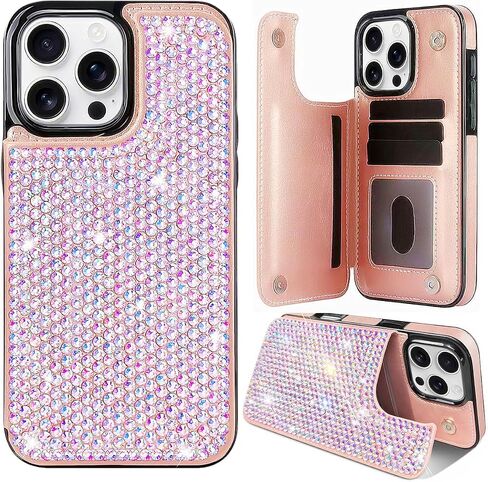 for iPhone 16 Pro Max Bling Wallet Case for Women with Credit Card Holders,PU Leather Flip Glitter Rhinestone Phone Case,Sparkle Luxury Fashion Shockproof Protective Cover in Saudi Arabia