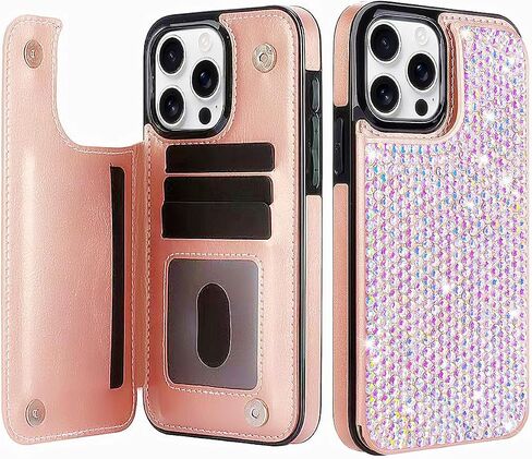 for iPhone 16 Pro Max Bling Wallet Case for Women with Credit Card Holders,PU Leather Flip Glitter Rhinestone Phone Case,Sparkle Luxury Fashion Shockproof Protective Cover in Saudi Arabia