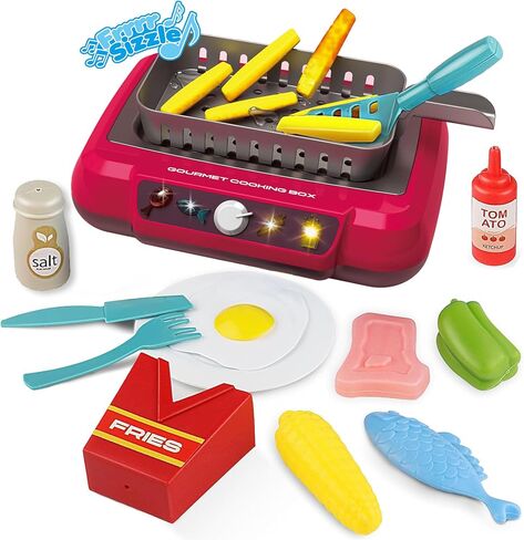 Toy Air Fryer for Kids Kitchen Playset, Chef Pretend Play kitchen Accessories with Color Changing Play Food, Cooking Game with Fries, Kids Toys with Sound & Light, Camp Kitchen Set for Toddler 3-5 5-7 in Saudi Arabia