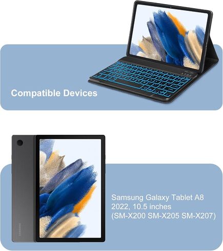 لوحة مفاتيح إسبانية SENGBIRCH (تشمل Ñ) لجهاز Samsung Galaxy Tab A8 (10.5 بوصة، 2022) - بلوتوث لاسلكي قابل للفصل - مع حافظة فوليو ذكية للنوم/الاستيقاظ التلقائي، أسود in Saudi Arabia