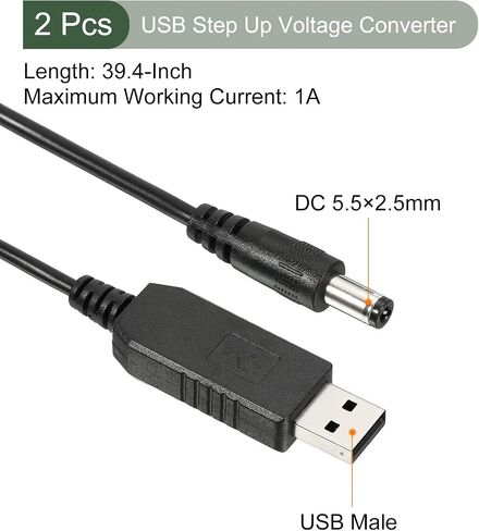 YOKIVE 2 Pcs DC 5V to DC 12V USB Step Up Voltage Converter, Power Cable with DC Jack 5.5mm x 2.5mm, Great for Routers, Car Driving Recorder (Black, 6W 1A) in Saudi Arabia