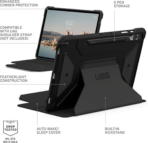 URBAN ARMOR GEAR UAG Designed for Samsung Galaxy Tab S10 Plus Case 12.4" SM-X820/SM-X826B Metropolis SE, Multi-Angle Kickstand Folio with Auto Wake/Sleep S Pen Holder Rugged Protective Cover, Black in Kuwait