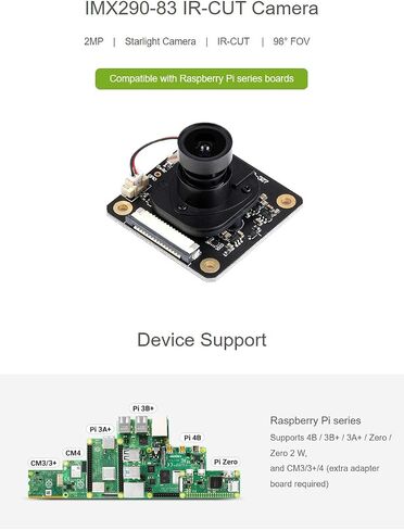 وحدة الكاميرا Waveshare IMX290-83 IR-Cut المتوافقة مع Raspberry Pi Embedded IR-Cut تدعم الرؤية الليلية، وتدعم جميع مراجعات مستشعر Pi 5 Megapixel OV5647 in Saudi Arabia