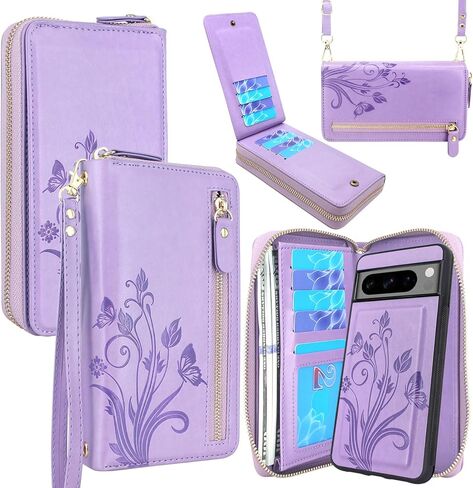 محفظة Lacass لهاتف Google Pixel 8 Pro 5G 2023، غطاء محفظة جلدية مغناطيسية مزدوجة بسحاب قابل للفصل مع حزام معصم مع 13 فتحة للبطاقات (زهري أرجواني داكن) in Kuwait