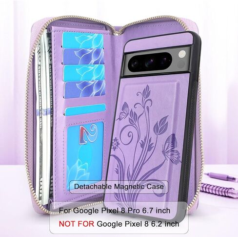 محفظة Lacass لهاتف Google Pixel 8 Pro 5G 2023، غطاء محفظة جلدية مغناطيسية مزدوجة بسحاب قابل للفصل مع حزام معصم مع 13 فتحة للبطاقات (زهري أرجواني داكن) in Kuwait