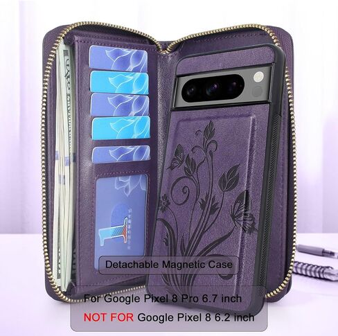 Lacass Case Wallet for Google Pixel 8 Pro 5G 2023, Crossbody Dual Zipper Detachable Magnetic Leather Wallet Cover Wrist Strap with 13 Card Slots(Floral Dark Purple) in Saudi Arabia