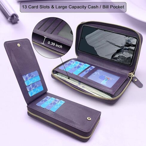 Lacass Case Wallet for Google Pixel 8 Pro 5G 2023, Crossbody Dual Zipper Detachable Magnetic Leather Wallet Cover Wrist Strap with 13 Card Slots(Floral Dark Purple) in Saudi Arabia