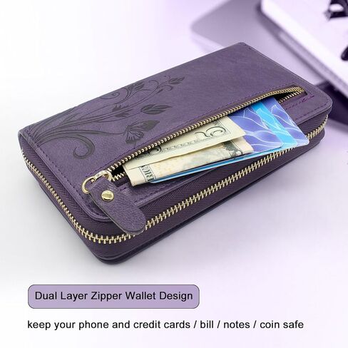 Lacass Case Wallet for Google Pixel 8 Pro 5G 2023, Crossbody Dual Zipper Detachable Magnetic Leather Wallet Cover Wrist Strap with 13 Card Slots(Floral Dark Purple) in Saudi Arabia