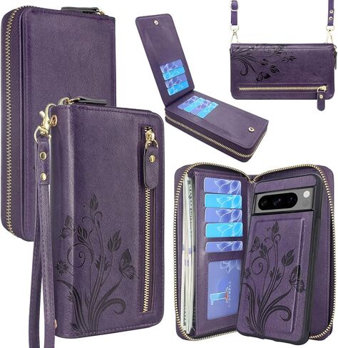Lacass Case Wallet for Google Pixel 8 Pro 5G 2023, Crossbody Dual Zipper Detachable Magnetic Leather Wallet Cover Wrist Strap with 13 Card Slots(Floral Dark Purple) in Saudi Arabia