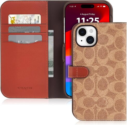 Coach Signature Canvas Two Piece Detachable Wallet Folio iPhone 15 Plus Case, Compatible with Wireless Charging - Signature Tan in Saudi Arabia