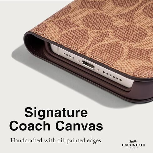 Coach Signature Canvas Two Piece Detachable Wallet Folio iPhone 15 Plus Case, Compatible with Wireless Charging - Signature Tan in Saudi Arabia