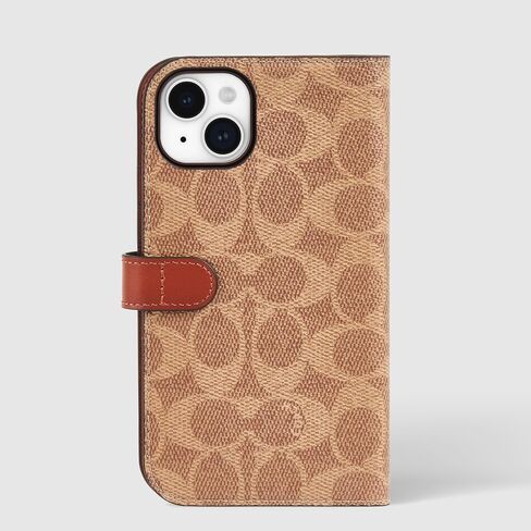 Coach Signature Canvas Two Piece Detachable Wallet Folio iPhone 15 Plus Case, Compatible with Wireless Charging - Signature Tan in Saudi Arabia