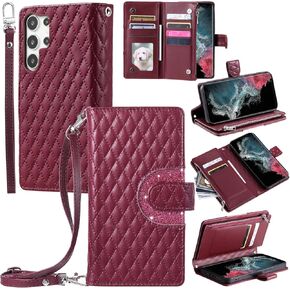 Phone Case for Samsung Galaxy S23 Ultra 5G Wallet Cover with and Crossbody Wrist Strap Shoulder Strap 9+ Card Slots Zipper Purse Leather Stand S23Ultra 23S S 23 23Ultra 6.8 inch Women Black