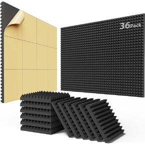 Upgraded 36 Pack Self-Adhesive Sound Proof Foam Panels for Walls 12" X 12" X 1"， Fast Expand Acoustic Panels with High Density, Pyramid Soundproof Wall Panels for Studio and Home Noise Reduction Black