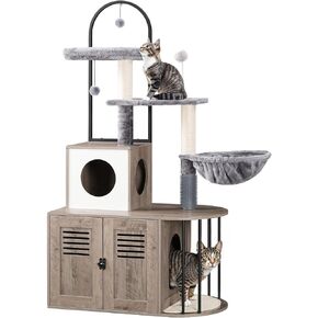 HOOBRO Cat Tree with Litter Box Enclosure, All-in-One Cat Tower with Hidden Litter Box Cover Furniture for Indoor Cats, Versatile Cat Condo with Sisal Posts, Hammock, Greige and Gray BG45MZ03