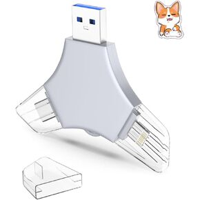 USB 3.0 Flash Drive 64gb for iPhone, 3in1 External Memory Picture Keeper Storage Stick for Photo/Video/Data Saver/Backup, V1.01 High Speed Thumb Drives for iPhone/iPad/Android/PC - Ash