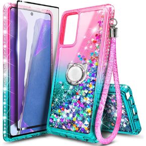 NZND Designed for Samsung Galaxy A03S Case, AO3S Phone Case, Glitter Liquid Floating Waterfall Girls Women Kids Cute Case with Tempered Glass Screen Protector/Ring Holder/Wrist Strap (Aqua/Purple)