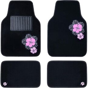 CAR PASS Universal Hibiscus Flower Car Seat Covers, Cute Pink Flower Seat Covers Full Set with Airbag Compatible Fit Sedans,Cars,Vans, SUV,Trucks,Suitable for Women & Girly (Black and Pink)